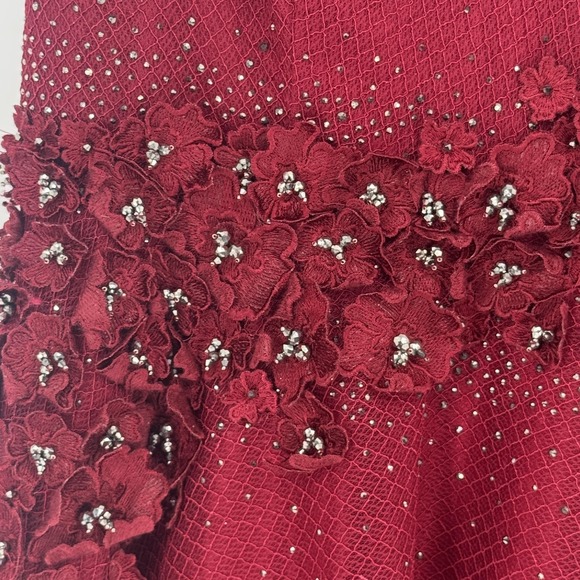 Mac Duggal Dress Womens 14 Red Beaded 3D Floral Tulle Maxi Formal Gown Evening - Picture 5 of 15